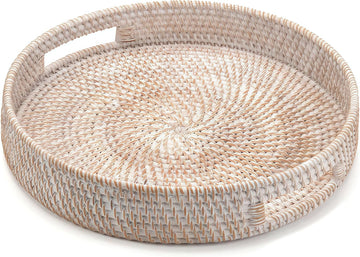 11.8" Round Rattan Tray, Hand Woven Serving Tray with Handles, Wicker Serving Basket, Decorative Tray Decor, Whitewash
