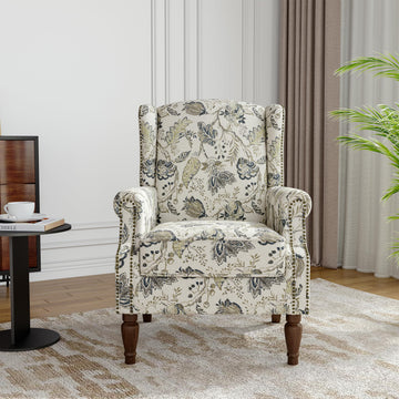 Floral Wingback Accent Chair, High Back Upholstered Armchair, Plants Beige