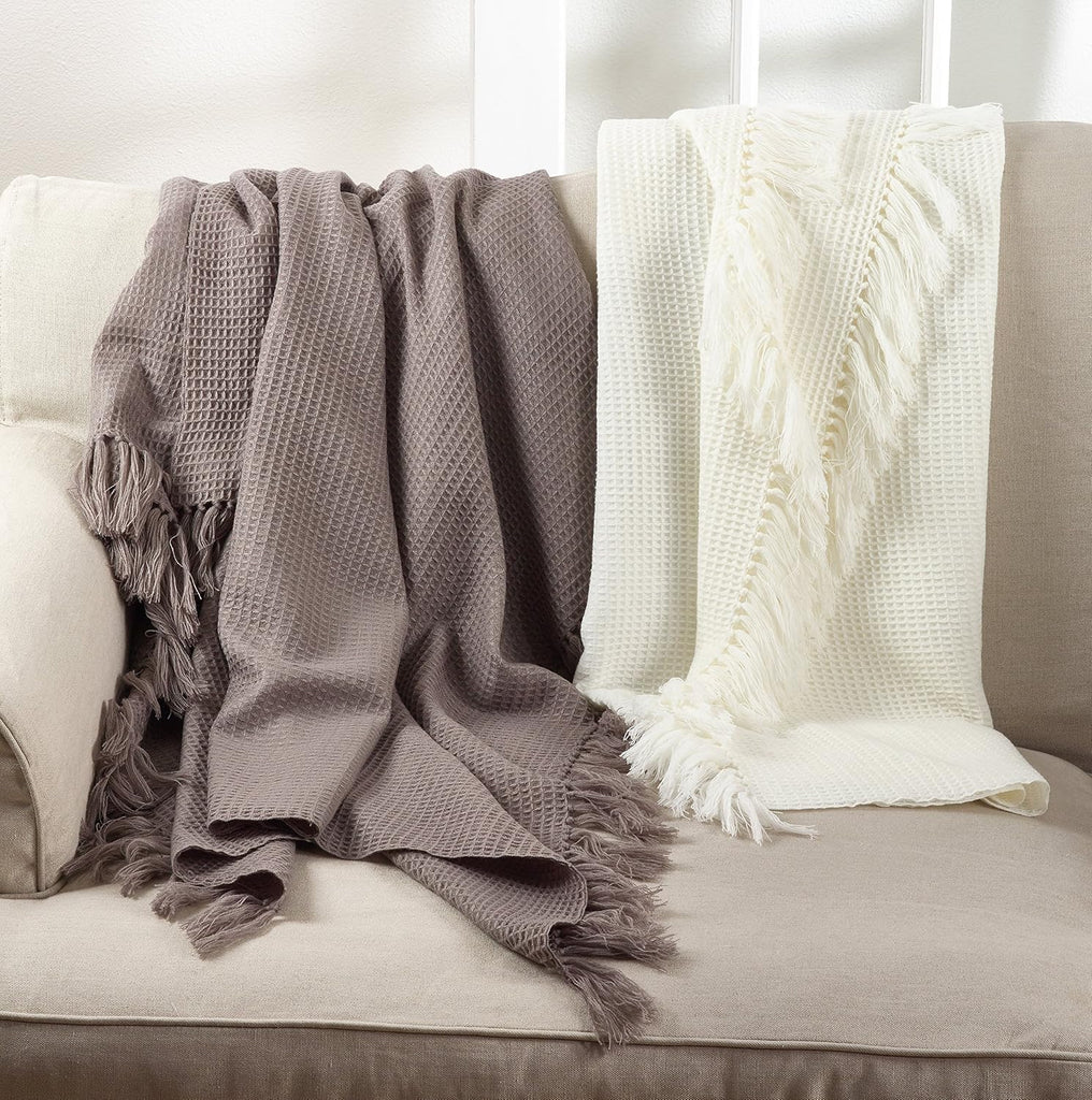 Classic Waffle Weave Tassel Trim Throw Blanket, 50" x 60", Ivory