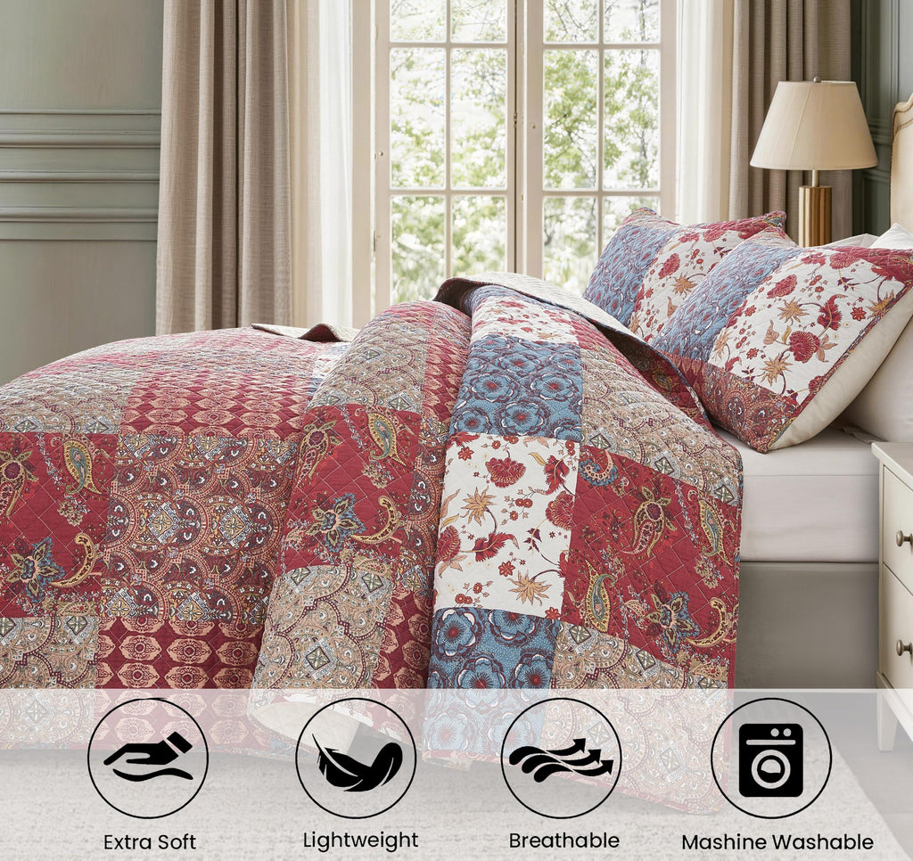 Rowan 3-Piece Cotton Quilt Set, Oversized King Size, Printed Patchwork Bedspread with Vintage Floral Paisley