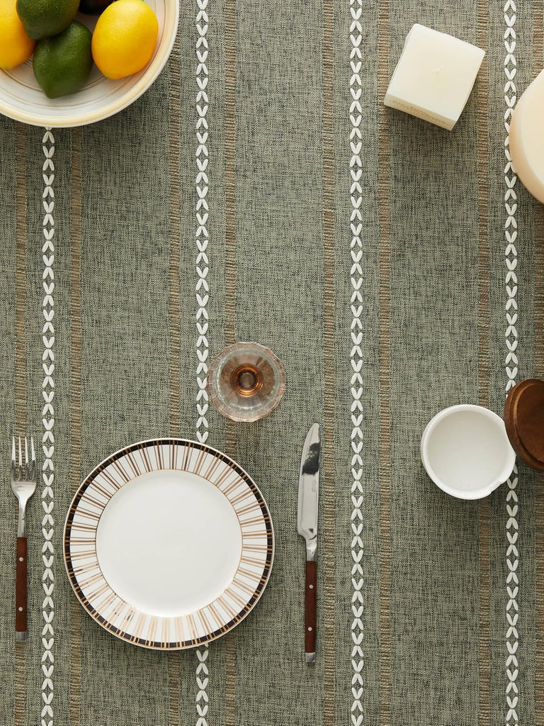 Hemstitched Embroidery Striped Boho Tablecloth 60 Inch Round Olive, Heavy Weight Farmhouse Burlap Li