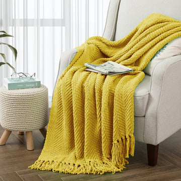 Throw Blanket for Couch Soft Knitted Textured Couch Cover Yellow Tweed Blanket with Fringe Tassel Décor Bed Sofa