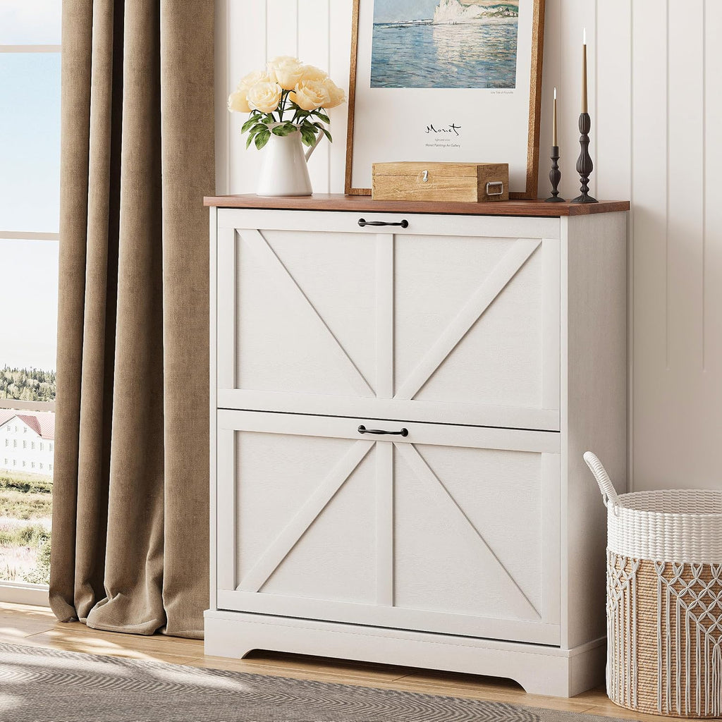 Shoe Cabinet, Shoe Storage Cabinet with 2 Flip Drawers, Narrow Farmhouse Shoe Organizer Cabinet, Slim Shoe Rack
