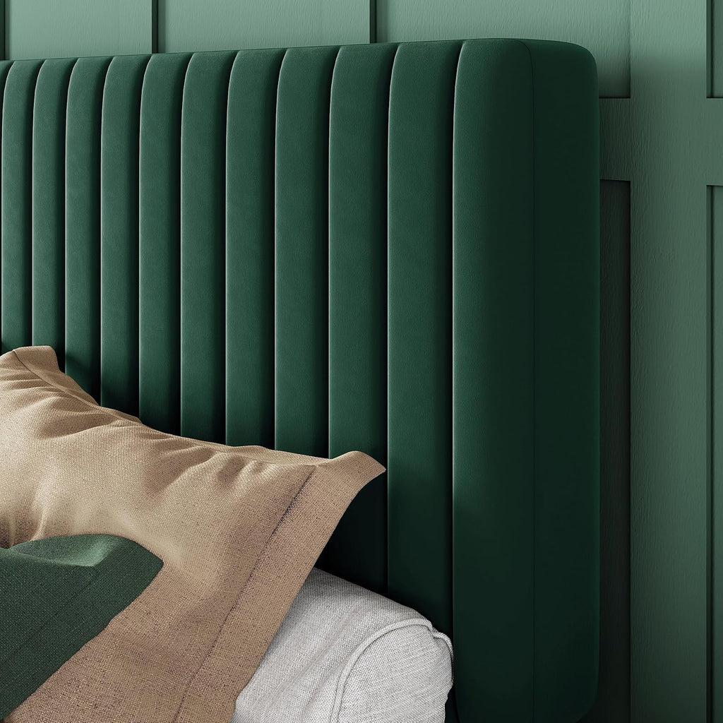 Queen Bed Frame, Velvet Upholstered Platform Bed with Adjustable Vertical Channel Tufted Headboard