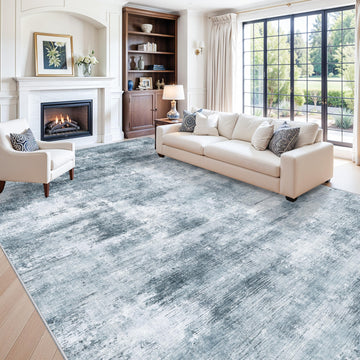 12x15 Area Rug - Large Modern Neutral Abstract Thin Washable Carpet, Soft Low Pile Non-Slip Stain-Resistant Dining