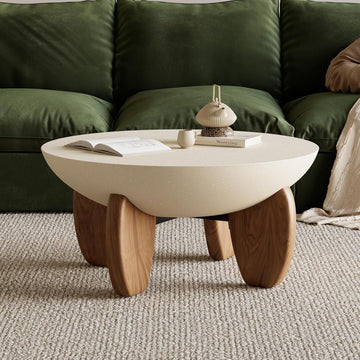 Round Concrete Coffee Table with Premium Walnut Ash Wood Legs, Modern Minimalist Cement Finish Center Table