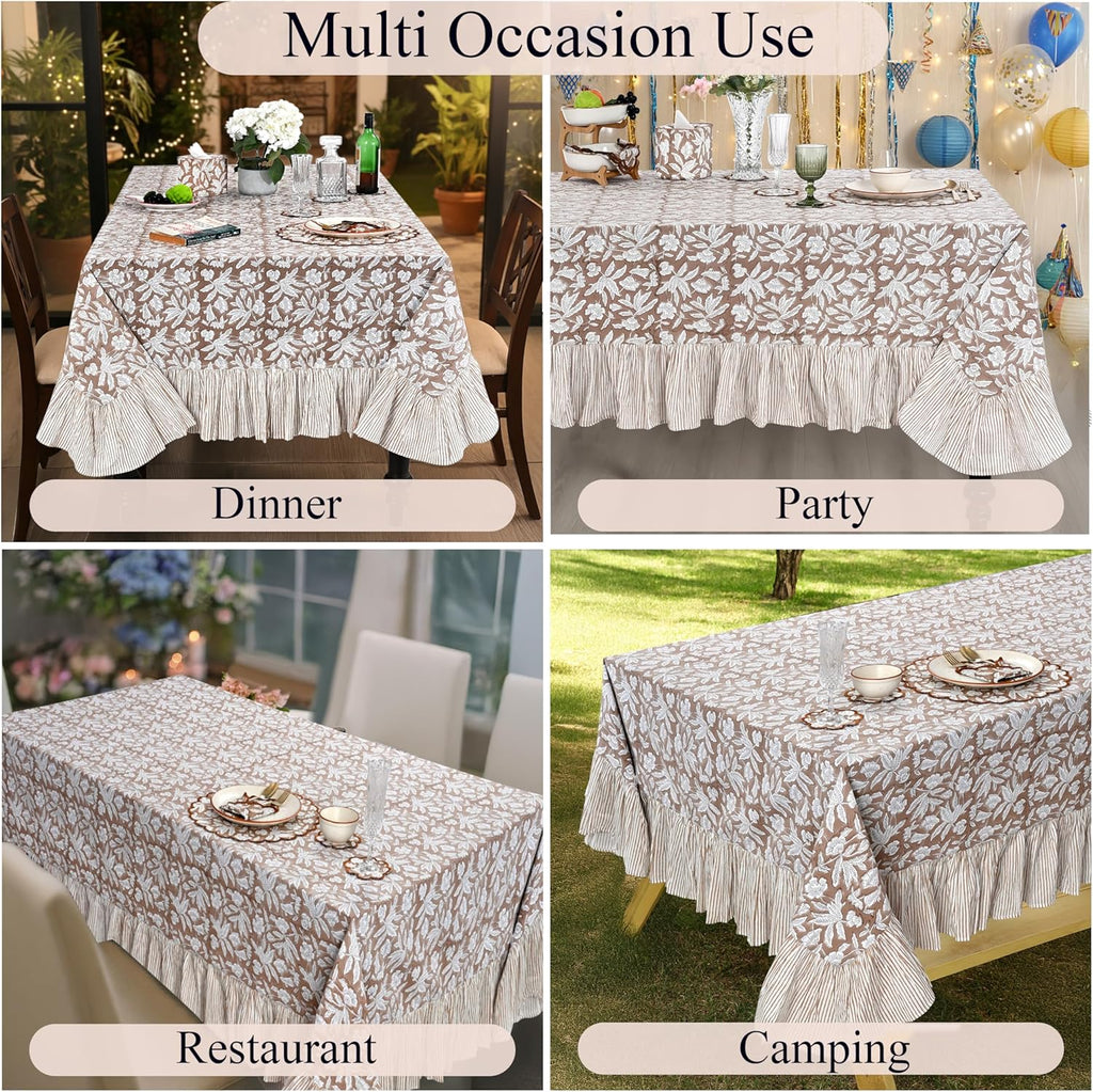 Oak Brown Ruffle Block Print Tablecloth 100% Cotton 60x120 Rectangle Floral Table Cover, Elegant, Vi