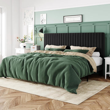 King Platform Bed Frame, Velvet Upholstered with Adjustable Vertical Channel Tufted Headboard