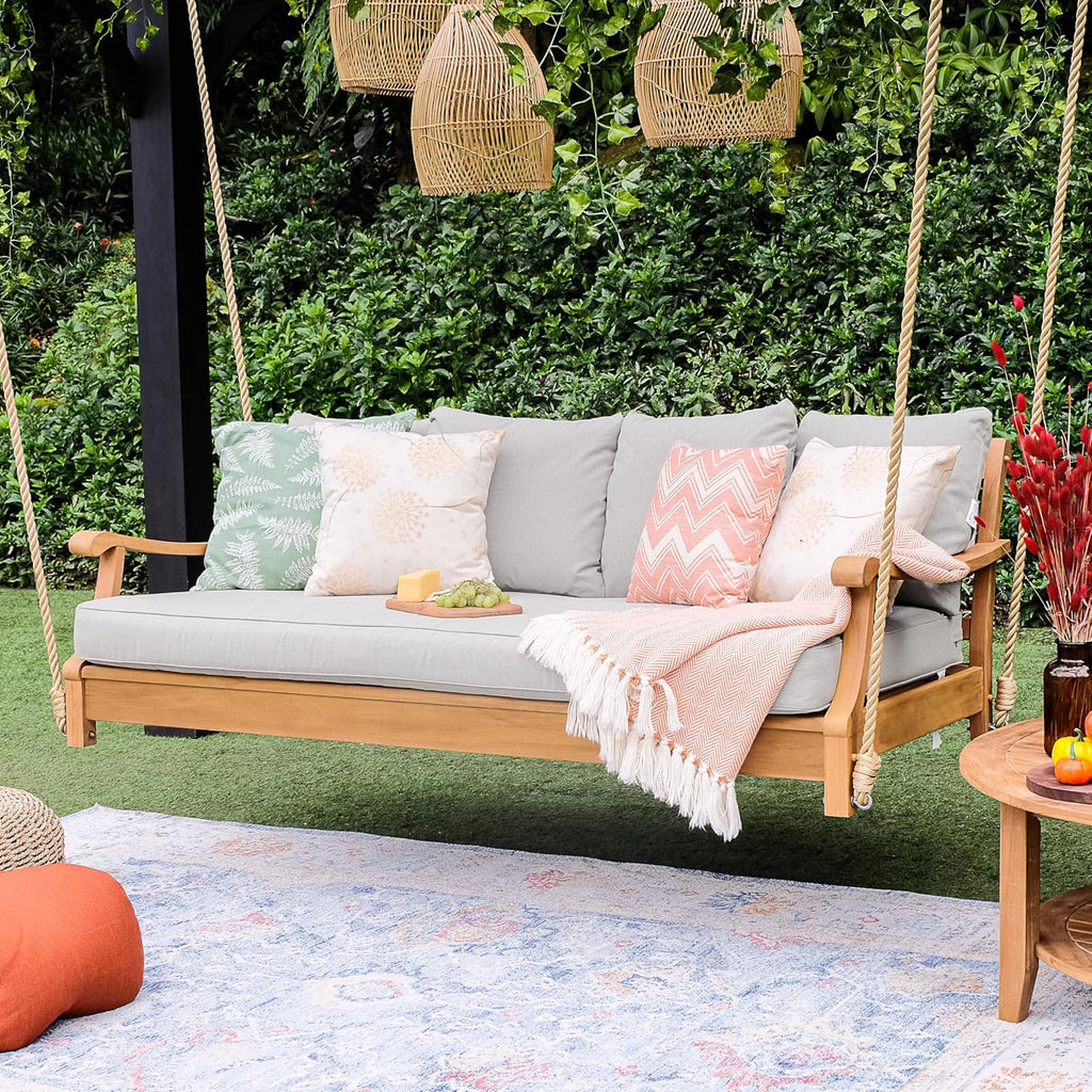 Robin Teak Wood 6 FT Porch Swing Bed, Upgraded Patio Porch Swing Daybed with Thick Cushion Support, 750 LB Weight