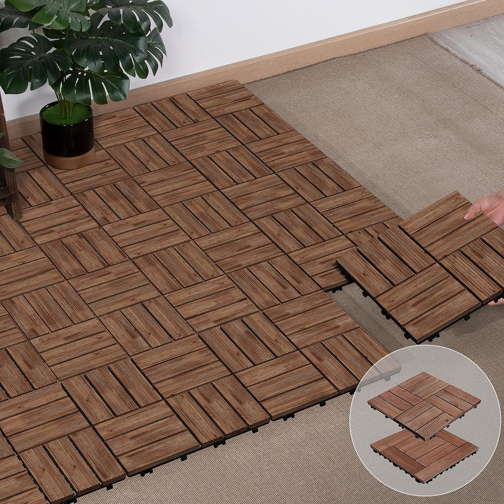 27PCS Wooden Decking Tiles 12 x 12in Hardwood Interlocking Patio Deck Tiles Composite Balcony Floor Covering for