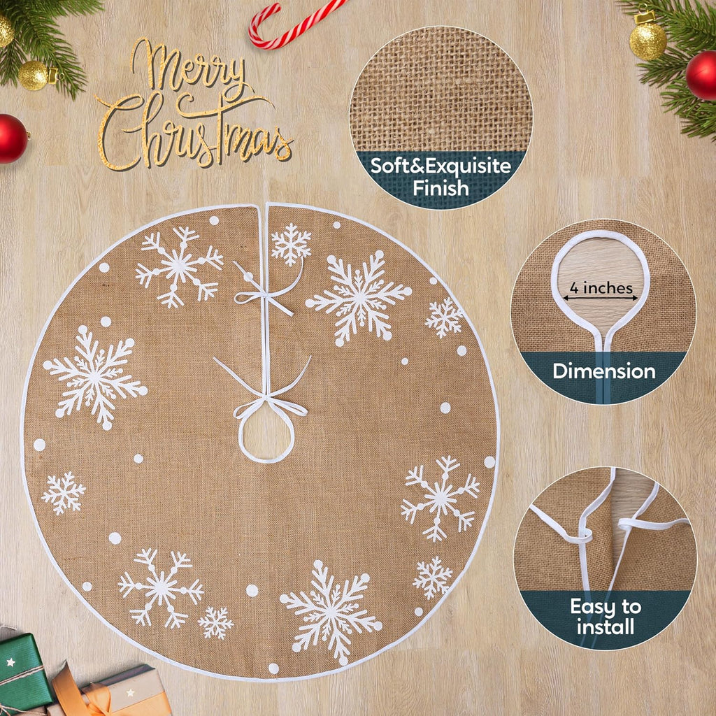 36" Christmas Burlap Tree Skirt with Snowflakes, Decoration for Xmas Home Holiday Indoor Outdoor Seasonal Decors