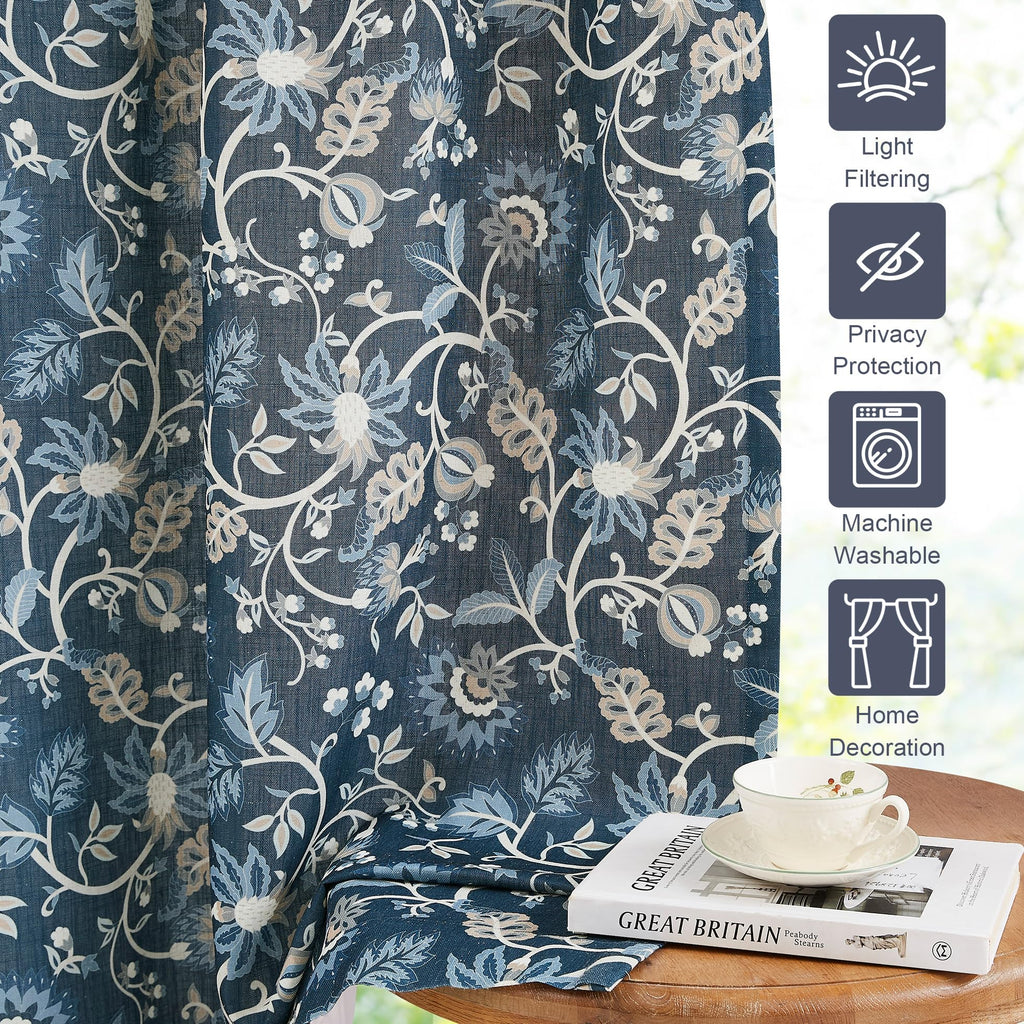 Navy Floral Pinch Pleat Light Filtering Curtains 95 inch Length