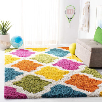 Kids Shag Collection Area Rug - 6'7" Square, Ivory & Multi, Rainbow Trellis Design, Non-Shedding & Easy Care, 2-inch