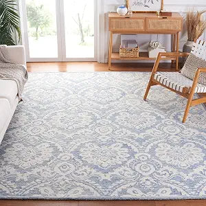 Blossom Collection Area Rug - 9' x 12', Blue & Ivory, Handmade Wool, Ideal for High Traffic Areas in Living Room