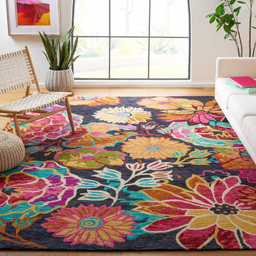Aspen Collection Area Rug - 10' x 14', Charcoal & Blue, Handmade Boho Floral Wool, Ideal for High Traffic Areas in