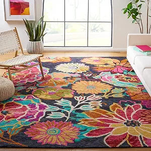 Aspen Collection Area Rug - 10' x 14', Charcoal & Blue, Handmade Boho Floral Wool, Ideal for High Traffic Areas in