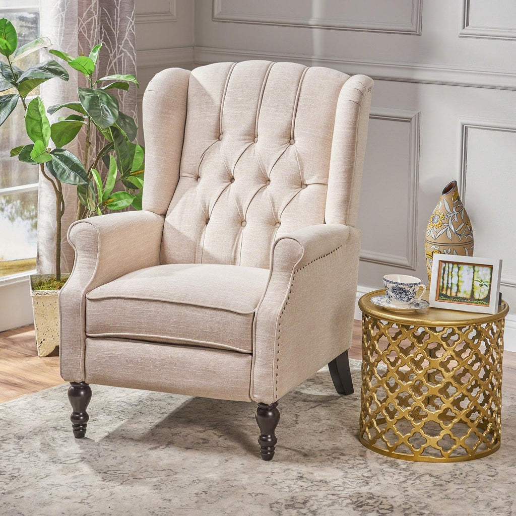 Elizabeth Tufted Fabric Recliner, Vintage Reclining Reading Armchair, Light Beige
