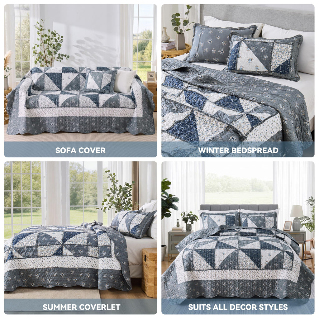 Quilt Bedding Set Grey Floral Patchwork Quilted Bedspread Set