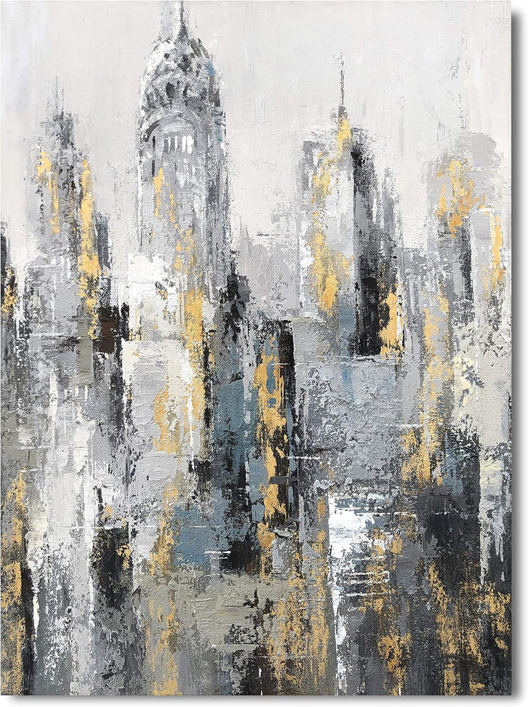 Modern Abstract Cityscape Canvas Wall Art Painting with Gold Foil Hand Painted Building Pictures Decoration