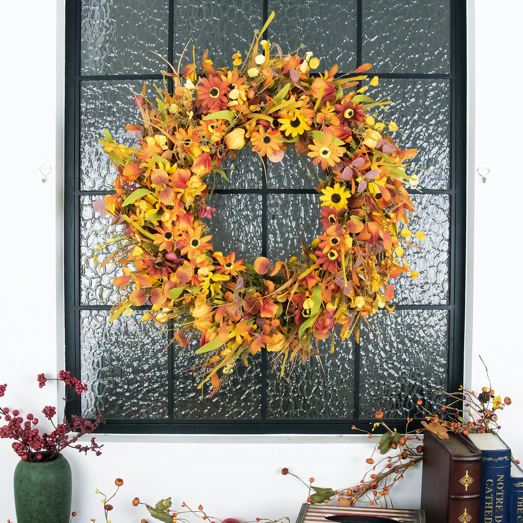 28 Inch Large Fall Wreaths for Front Door Artificial Fall Wreath Floral Autumn Wreath with Colorful Daisies Fall