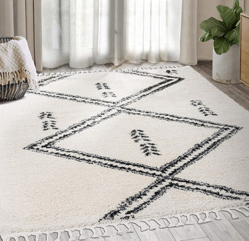 Moroccan Ivory & Grey Shag Area Rug - Traditional Rugs Tribal Print Diamond 7'9" x 10'2" (8x10) Living Room Carpet