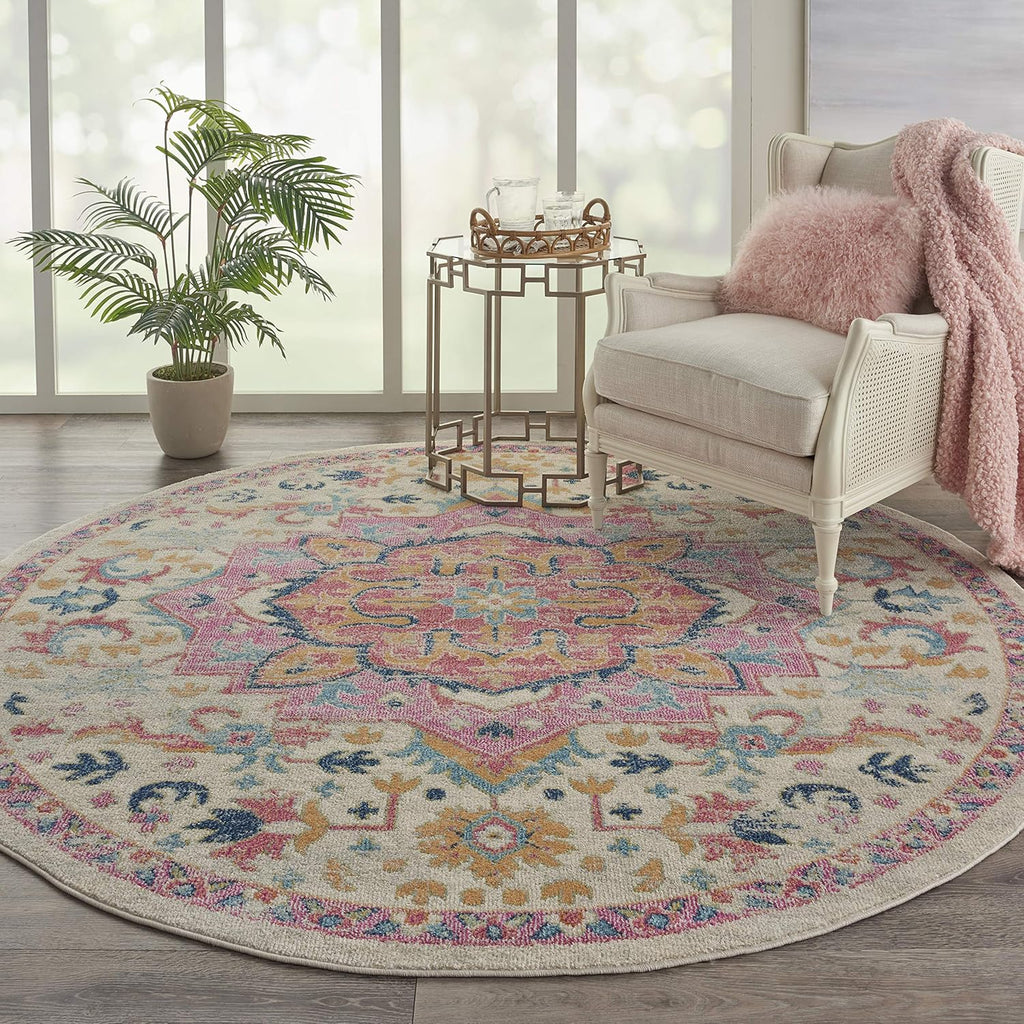 Home Passion Ivory Pink 8' x Round Area Rug - Easy Clean, Non Shedding, Bed Room, Living Room, Dinin