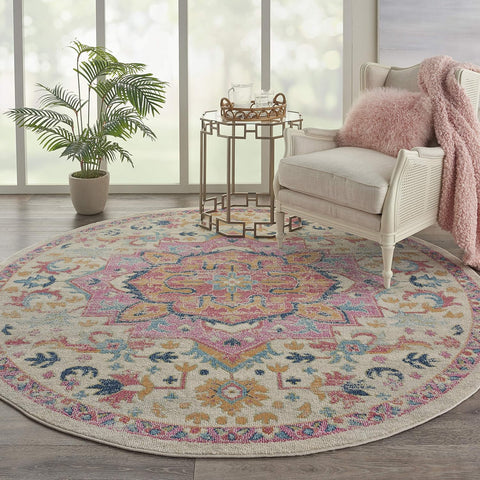 Home Passion Ivory Pink 8' x Round Area Rug - Easy Clean, Non Shedding, Bed Room, Living Room, Dinin
