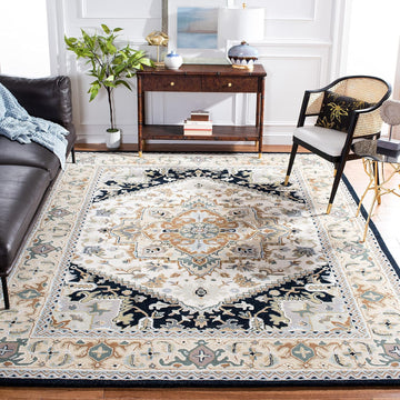 Area Rug 10x14 - Heritage Collection - Large - Beige & Navy, Handmade Wool, Traditional Oriental Medallion Design