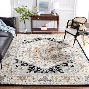 Area Rug 10x14 - Heritage Collection - Large - Beige & Navy, Handmade Wool, Traditional Oriental Medallion Design