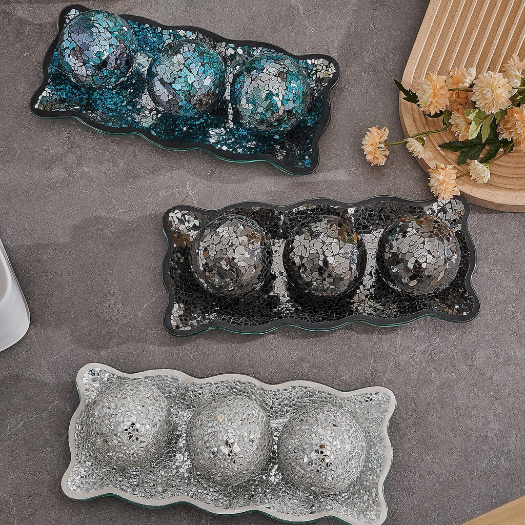 12.4" Mosaic Glass Decorative Tray Dish Plate with 3pcs 3" Decorative Orbs Balls Sphere Decor or Dining Table Coffee
