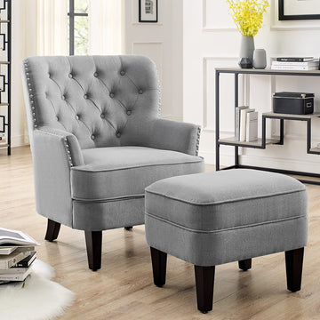 Accent Chair and Ottoman Set - Button Tufted Armchair, Reading - Mid-Century Modern Lounge Chair Set - Gray