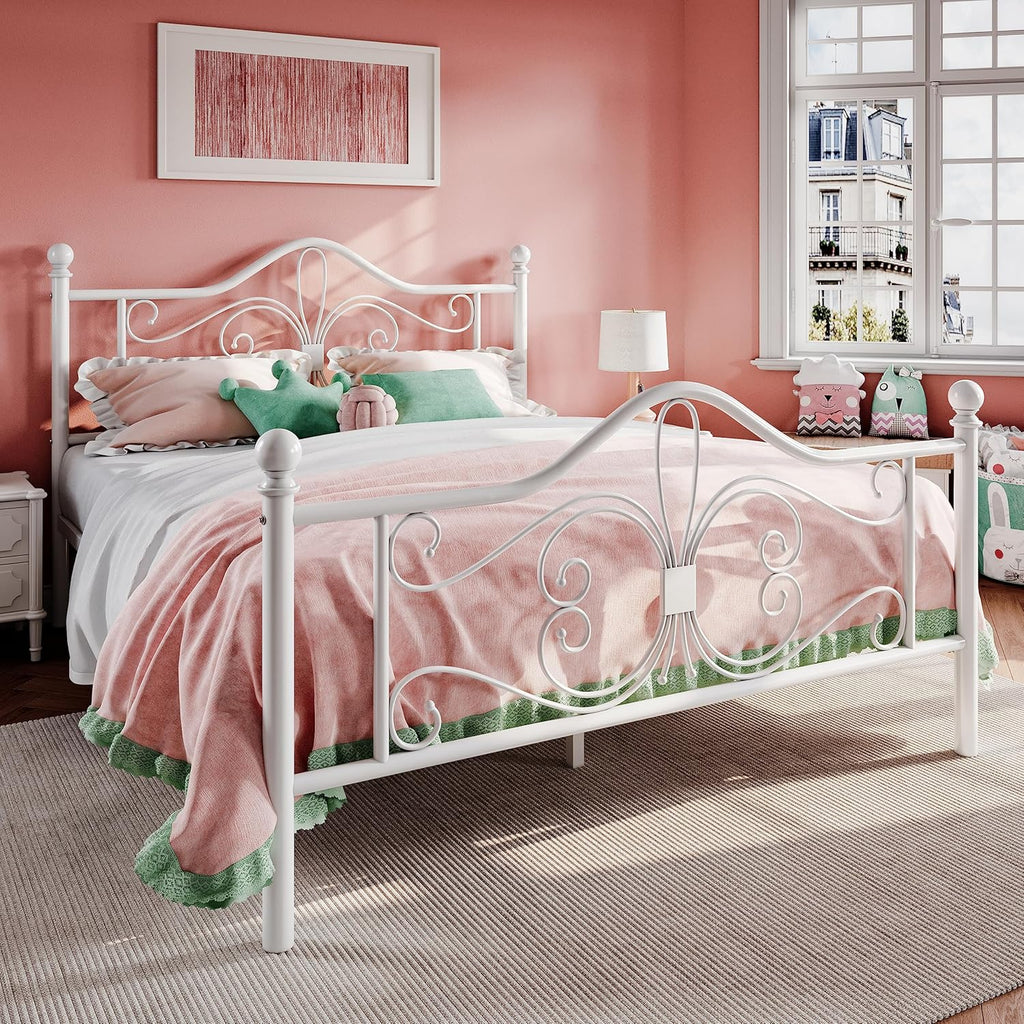Full Bed Frame with Headboard,Metal Bed Frame with Butterfly Pattern Design Headboard & Footboard,No Box Spring