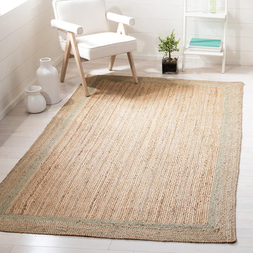 Natural Fiber Collection Area Rug - 9' x 12', Green & Natural, Handmade Border Farmhouse Jute, Ideal for High Traffic