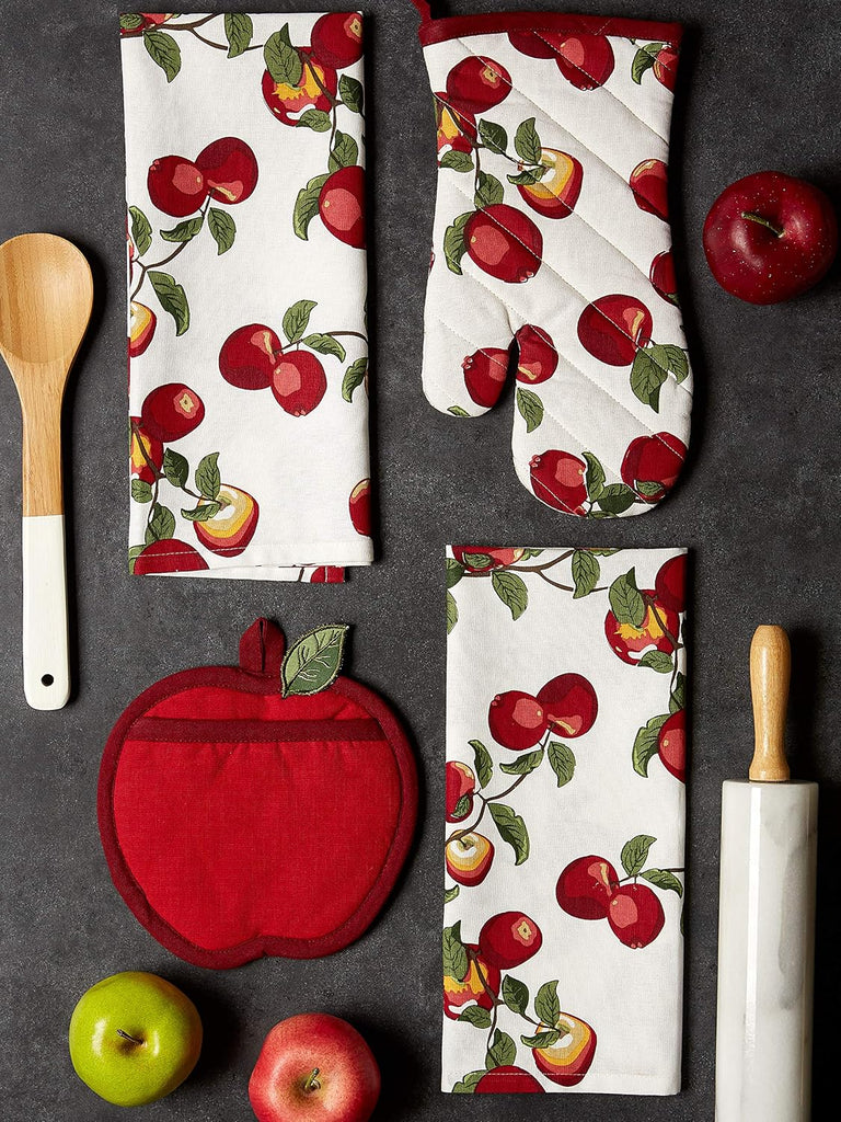 Kitchen Gift Set Collection, Pot Holder, Oven Mitt & 2 Dish Towels, Apple Orchard, 4 Piece