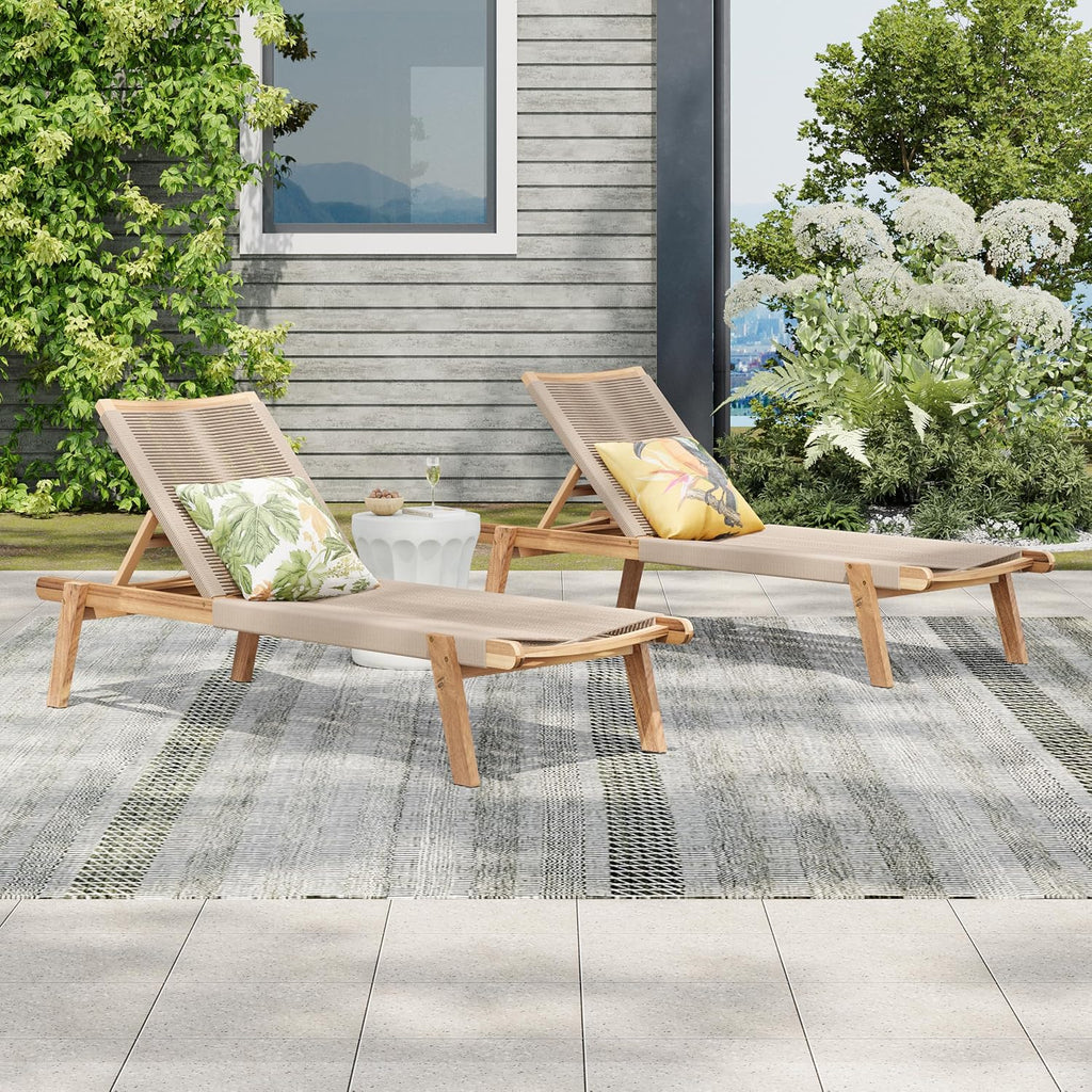 Outdoor Chaise Lounge Chair Set of 2, 77" L Acacia Wood Patio Lounge Chair with 4 Adjustable Position, Rope Woven