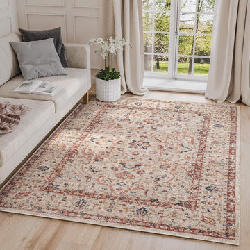 Rugs Vintage 4' x 6' Diamond Medallion Area Rug - Babylon Collection Beige & Red Traditional Style Turkish Accent Rug