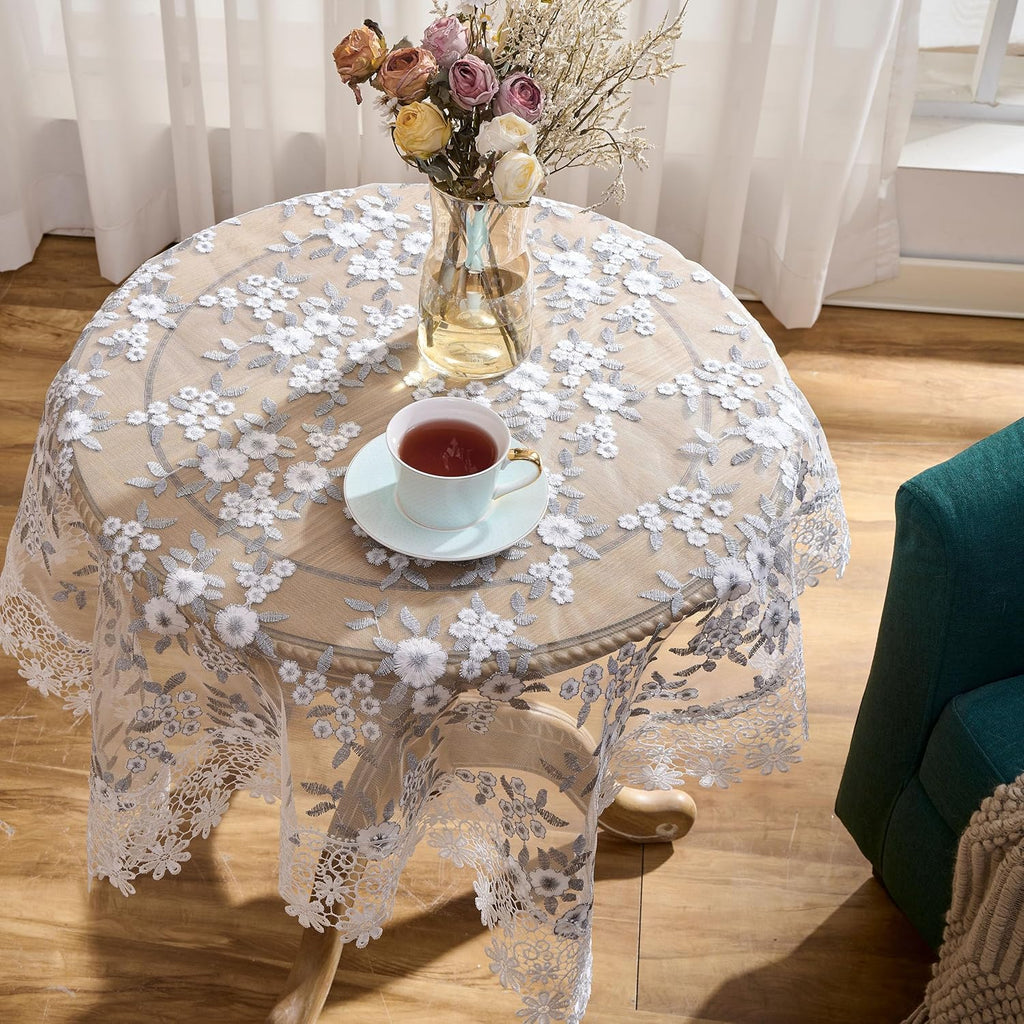 Floral Lace Tablecloth Grey with White Silver Embroidered Flowers 33”x33” Square Small Table Cover (