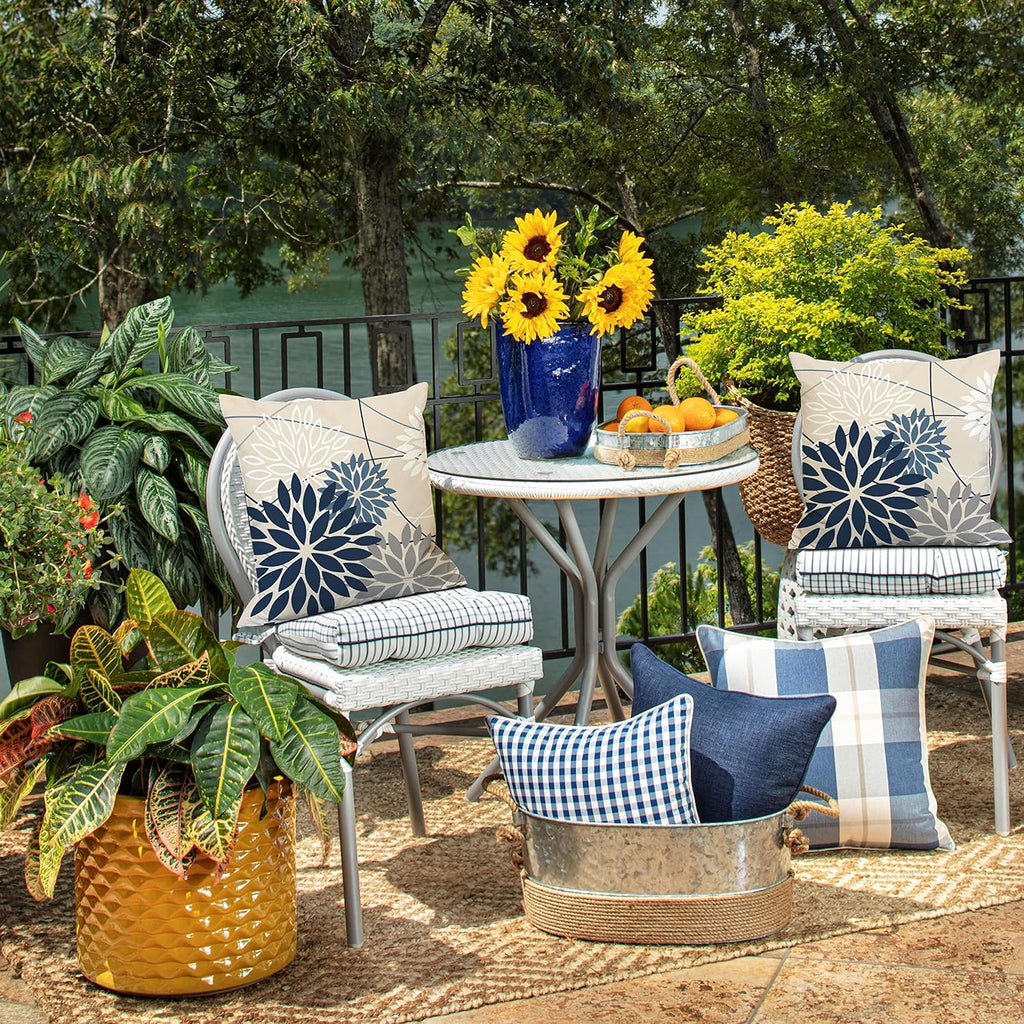 Blue and Gray Floral Pillow Covers 18x18 Set of 2 Outdoor Waterproof White Colored Decorative Throw Pillows Summer