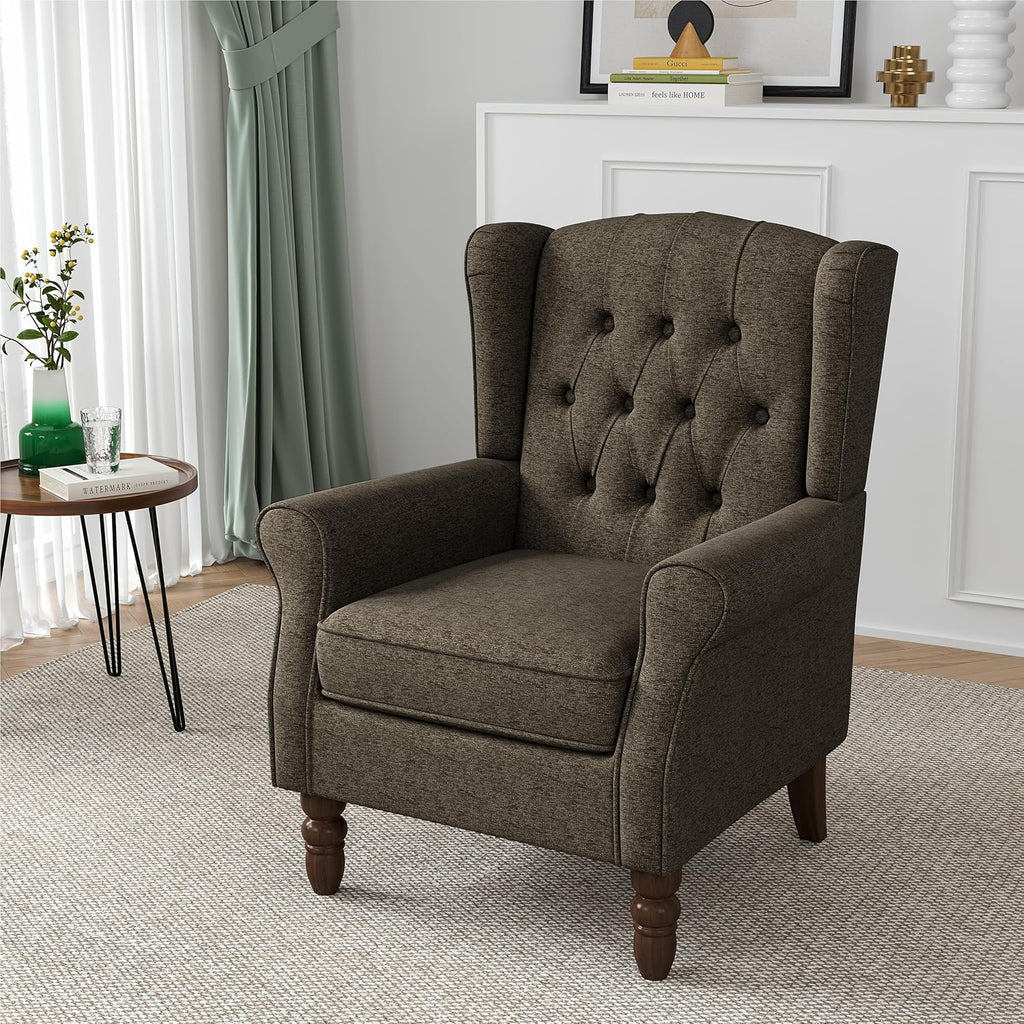 High Back Accent Chair, Tufted Wingback Chair , Taupe | Button-Tufted Upholstered Armchair with Solid Wood Legs