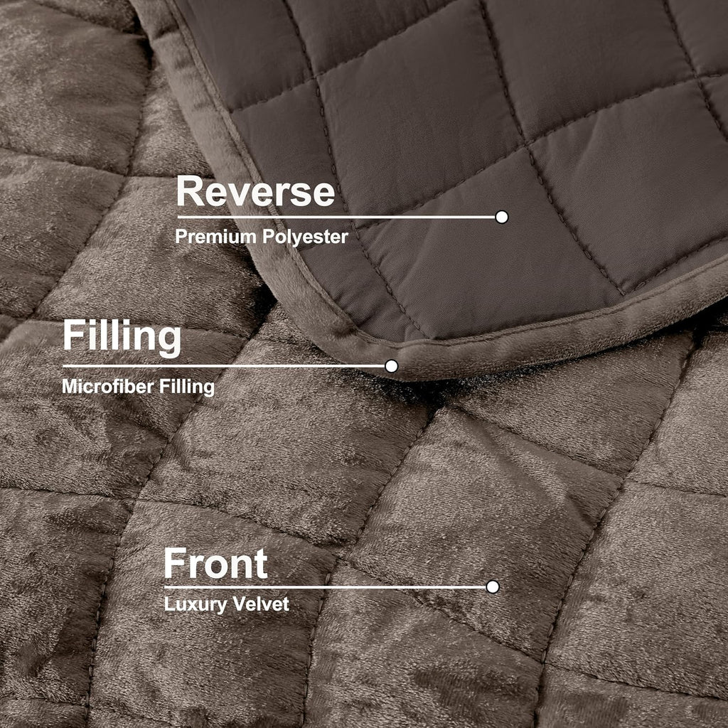 3 Pieces Velvet Quilt Set King, Brown | All Season Soft Lightweight Quilted Velvet Bedspread Coverlet Bedding with 2