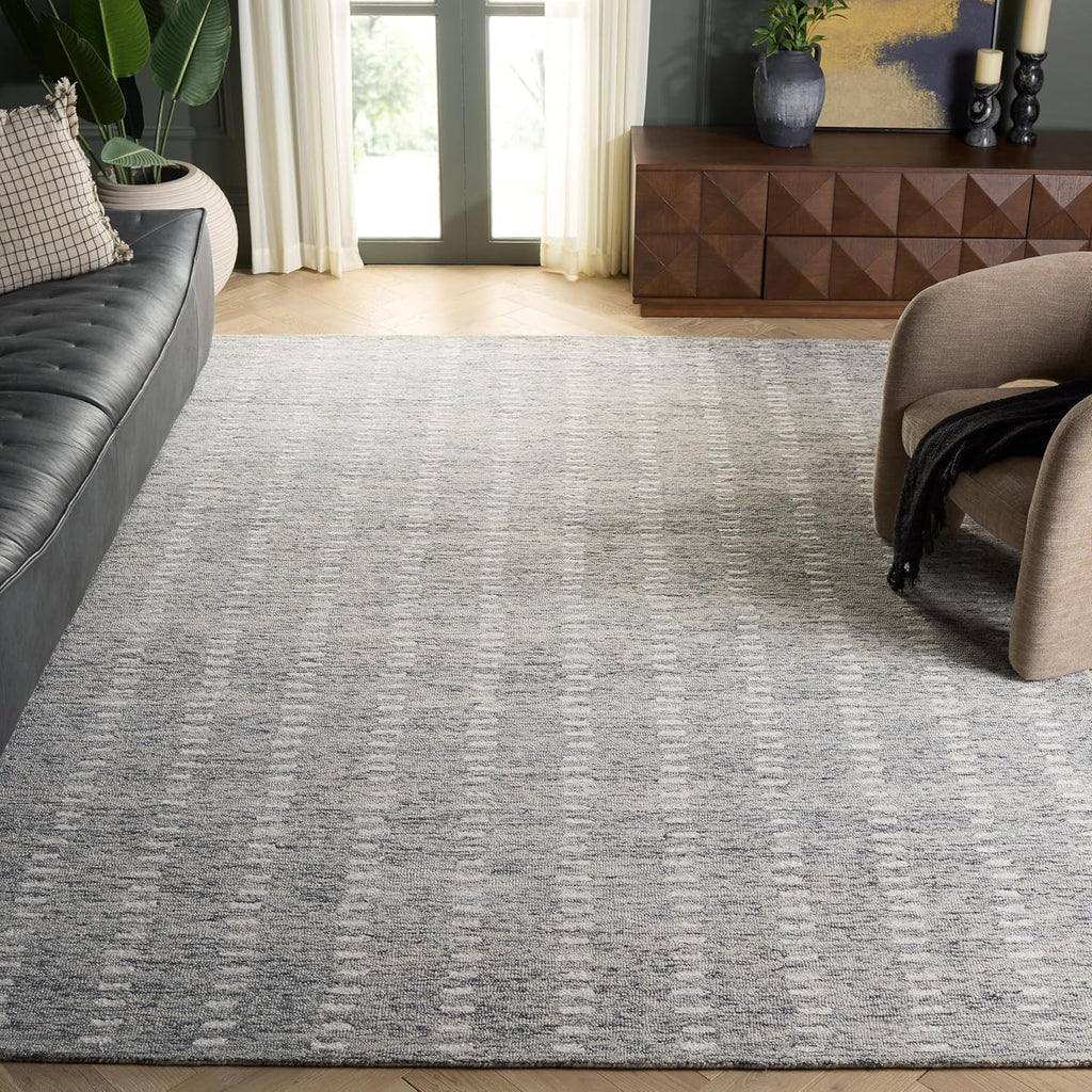 Abstract Area Rug - 9' x 12', Grey & Ivory, Handmade Wool & Chenille