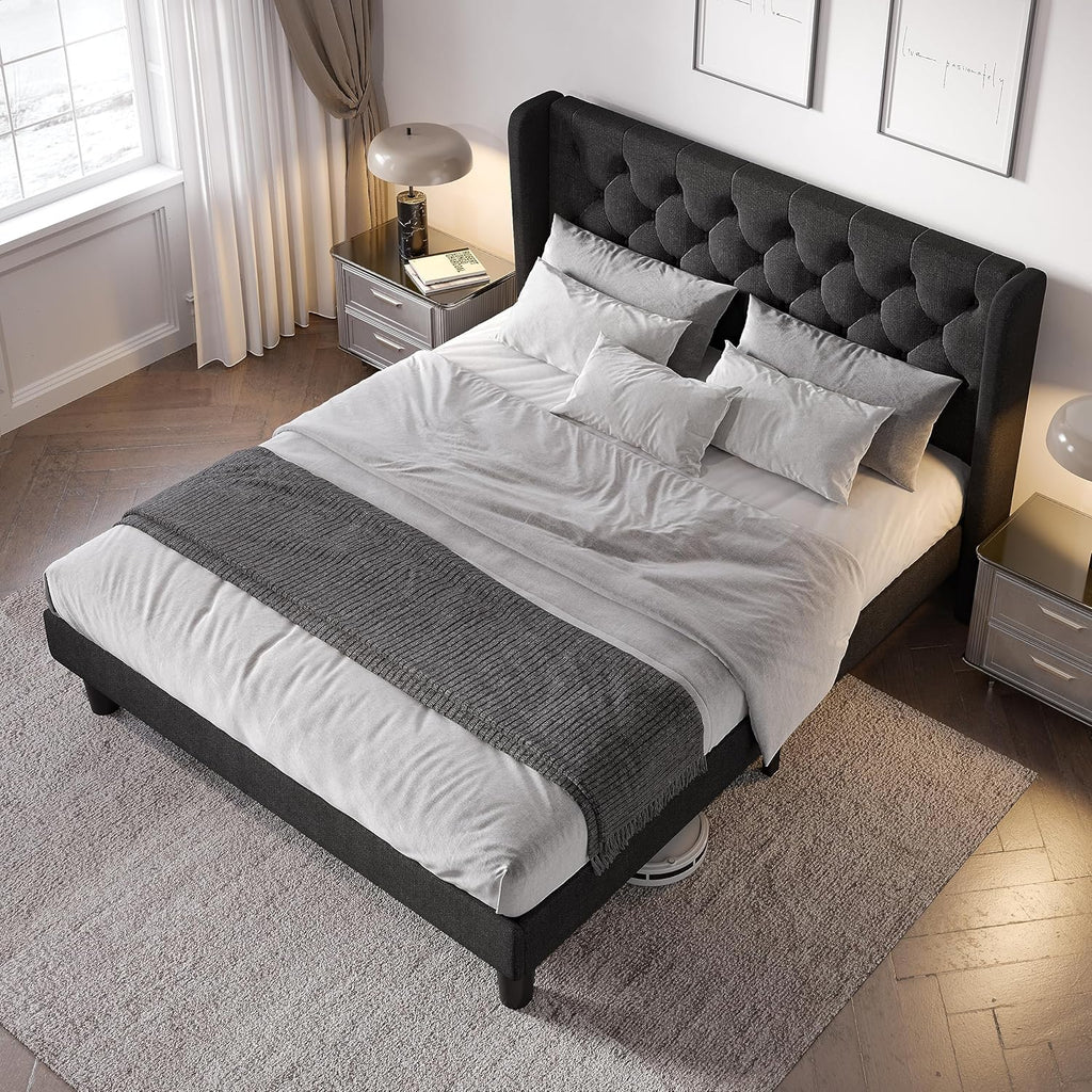 Queen Bed Frame with Button Tufted Wingback Headboard, Modern Upholstered Bed Frame with Solid Wooden Slats Support