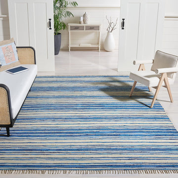 Area Rug 8x10 - Rag Collection - Large - Ivory & Blue, Handmade Cotton, Boho Stripe Pattern, Ideal, Dining Space