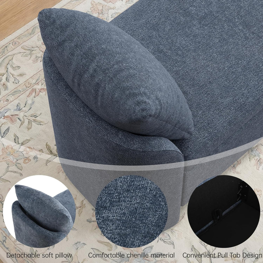 58.3" Upholstered Storage Ottoman Bench with 2 Throw Pillows, Beige | End of Bed Bench with Curved Arms and Thickened