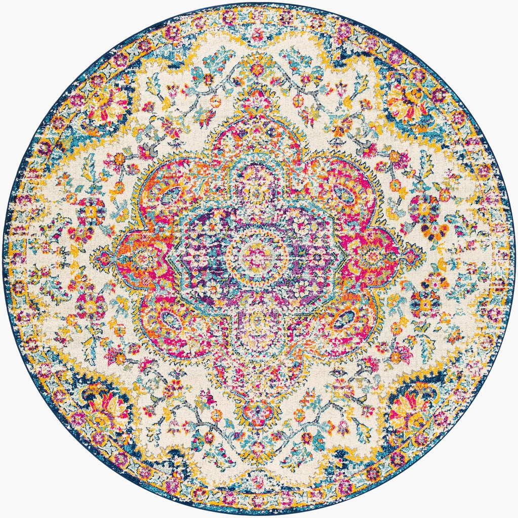 Area Rugs - 8ft Round Romaine Vintage Boho Fuchsia Mustard Blue Round Area Rug