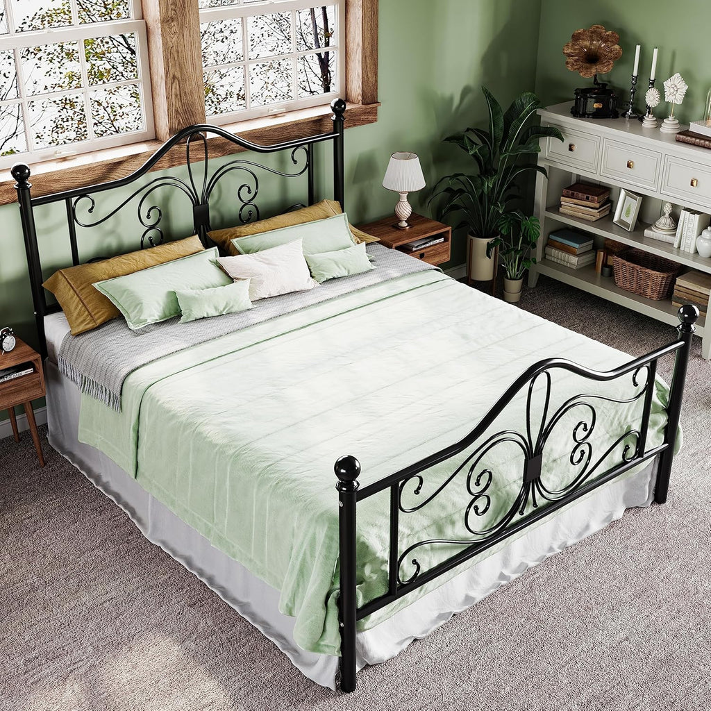 Full Bed Frame with Headboard,Metal Bed Frame with Butterfly Pattern Design Headboard & Footboard,No Box Spring