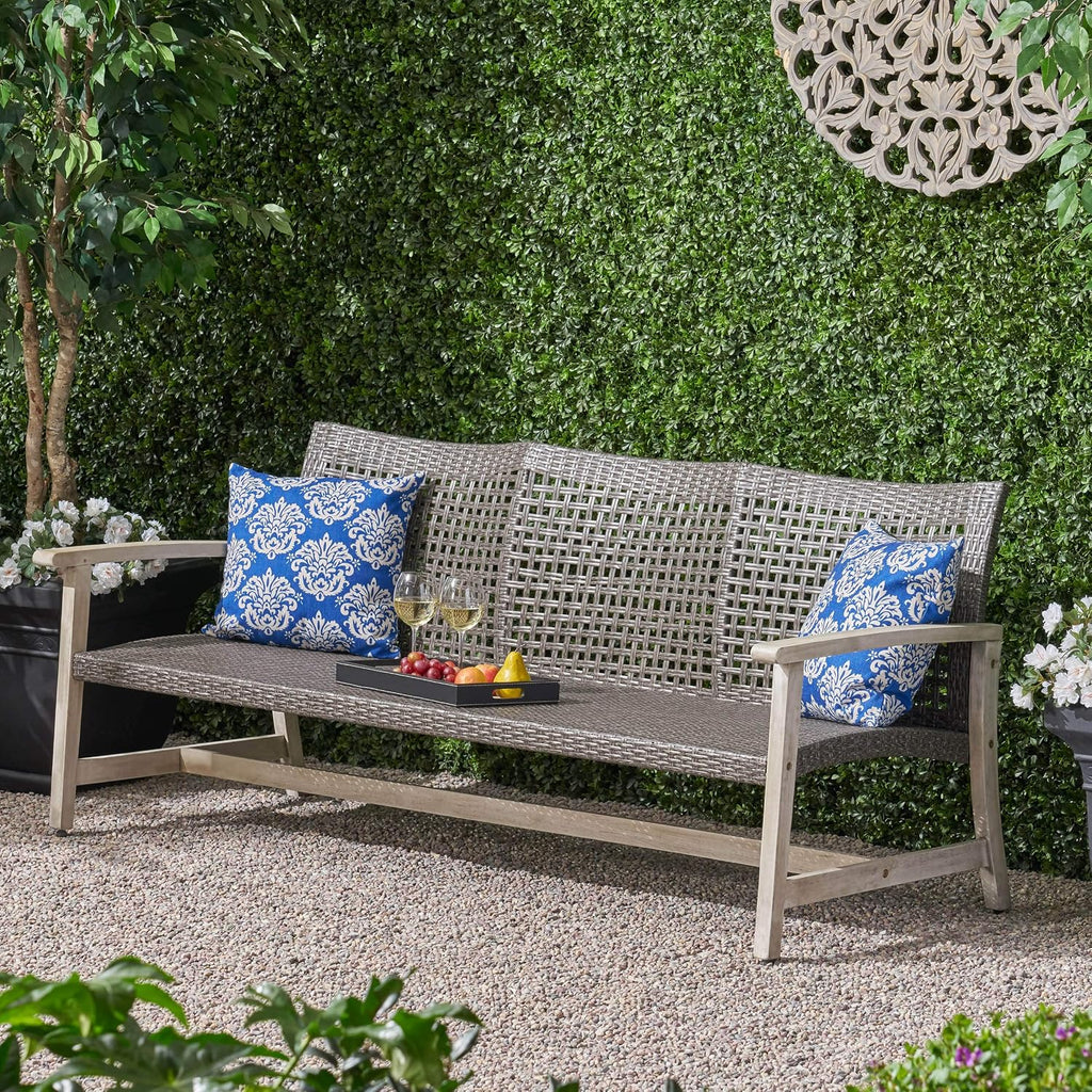 Marcia Outdoor Wood and Wicker Sofa, Light Gray Finish with Mix Black Wicker,Mixed Black, Light Gray Wash