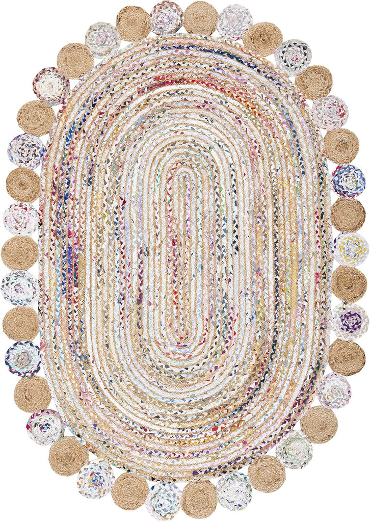 Cape Cod Collection Area Rug - 5' x 7' Oval, Beige & Multi, Handmade Boho Braided Jute & Cotton, Ideal for High