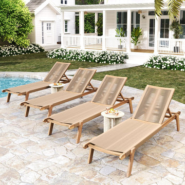 Set of 4 Outdoor Patio Wood Adjustable Chaise Lounges with Rope Seating, Rope Chaise Lounge with Acacia Wood
