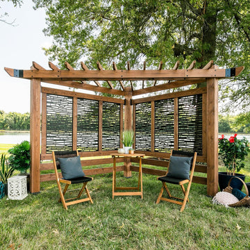 12' x 8' Cedar Wood Cabana Corner Pergola with Bamboo Privacy Panels for Outdoor Patio, Deck, Garden, Poolside